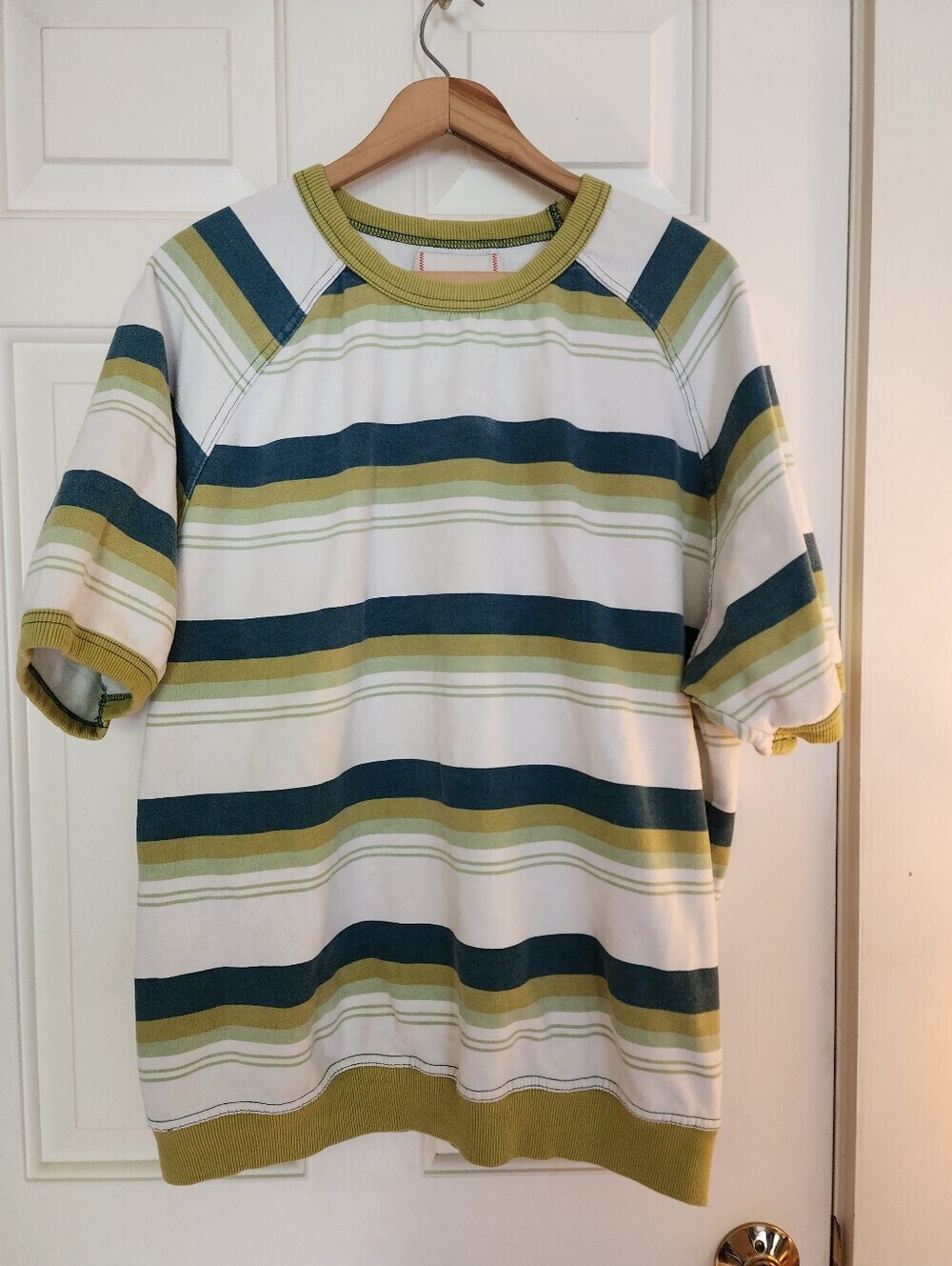 BDG Rugby Striped Short Sleeve Sweatshirt Size Large Crew Neck Green Blue